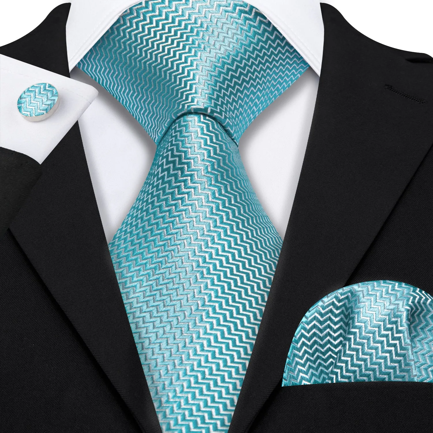 Barry Wang Pale Blue Ripple Silk 63 Inches Extra Long Mens Necktie Set sold by Barrywang product image thumbnail 5