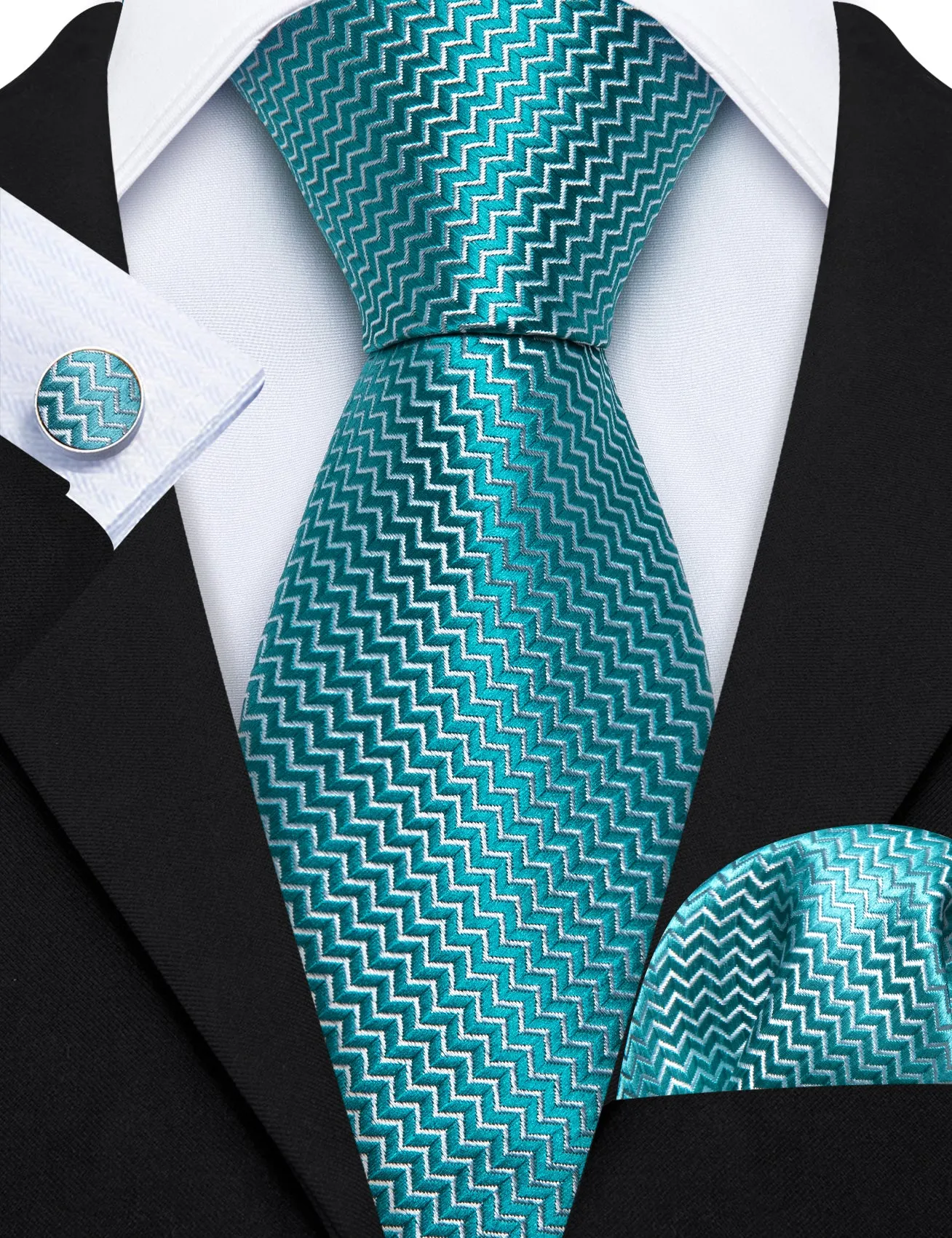 Barry Wang Pale Blue Ripple Silk 63 Inches Extra Long Mens Necktie Set sold by Barrywang product image thumbnail 2