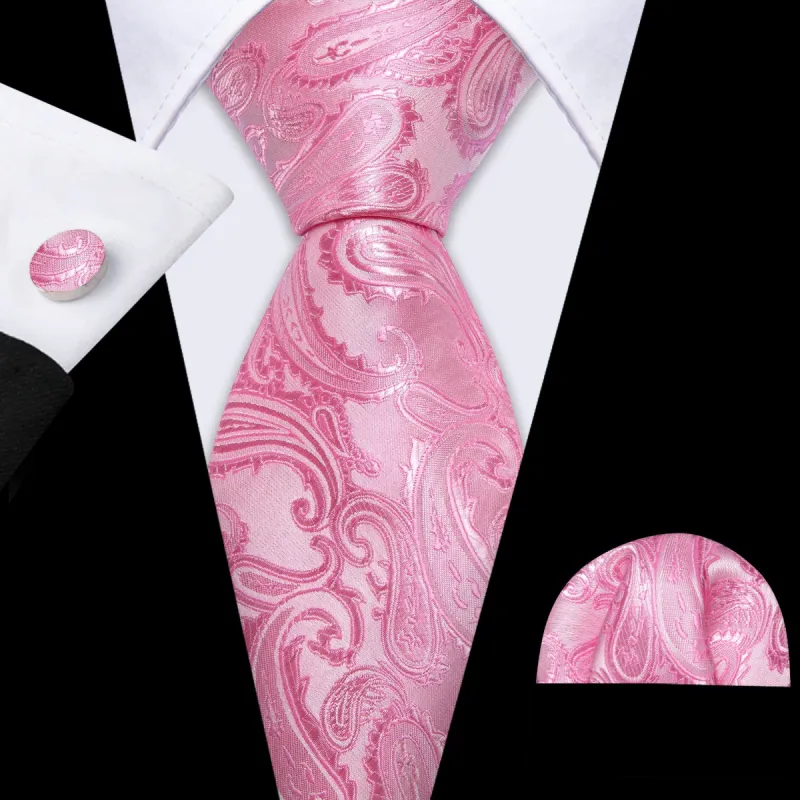 Barry Wang Pink Paisley Silk Wedding Tie Handkerchief Cufflinks Set sold by Barrywang