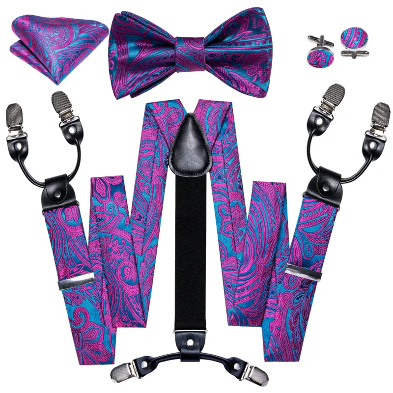 Purple Blue Paisley Y Back Adjustable Suspenders Bow Tie Set made by Barrywang