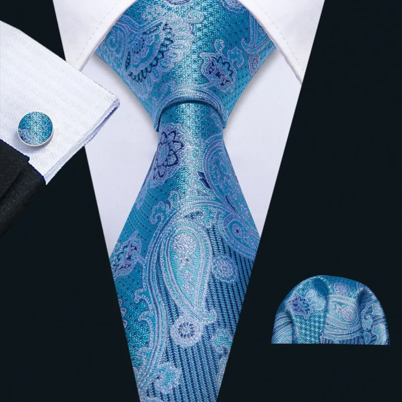 Barry. Wang Light Blue Jacquard Paisley Men Necktie Hanky Cufflinks Set sold by Barrywang