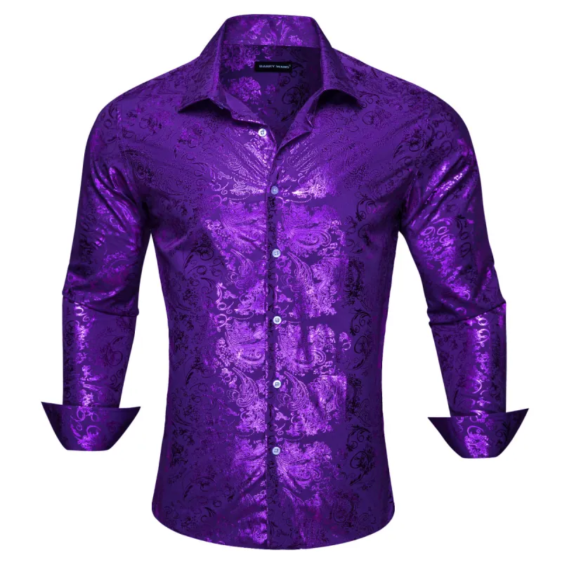 Barry.wang Button Down Shirt Violet Purple Bronzing Floral Silk Men's Long Sleeve Shirt sold by Barrywang