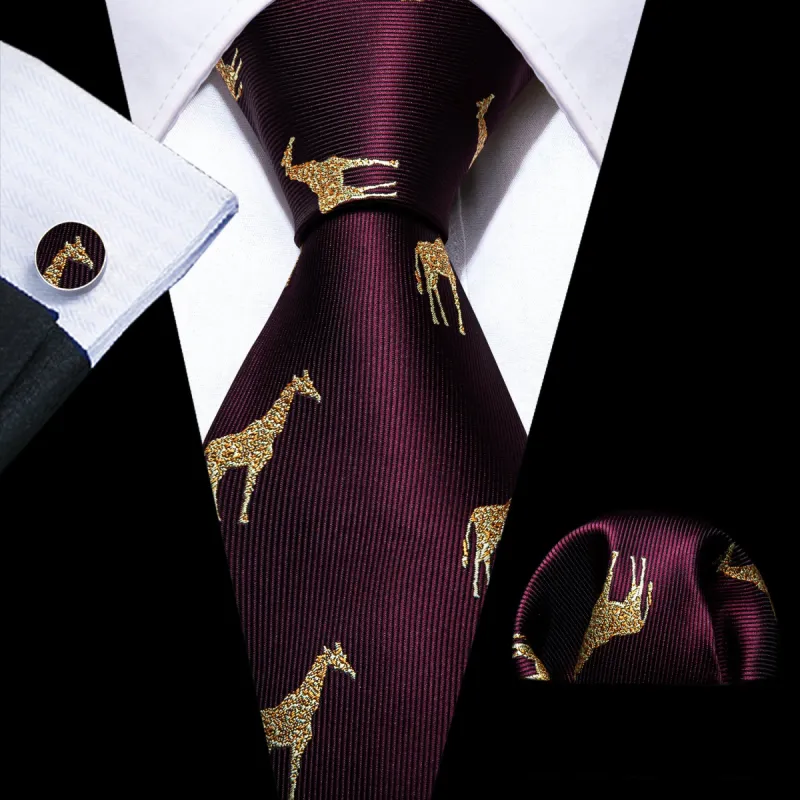 Barry. Wang Burgundy Tie Gold Giraffe Jacquard Tie Hanky Cufflinks Set sold by Barrywang