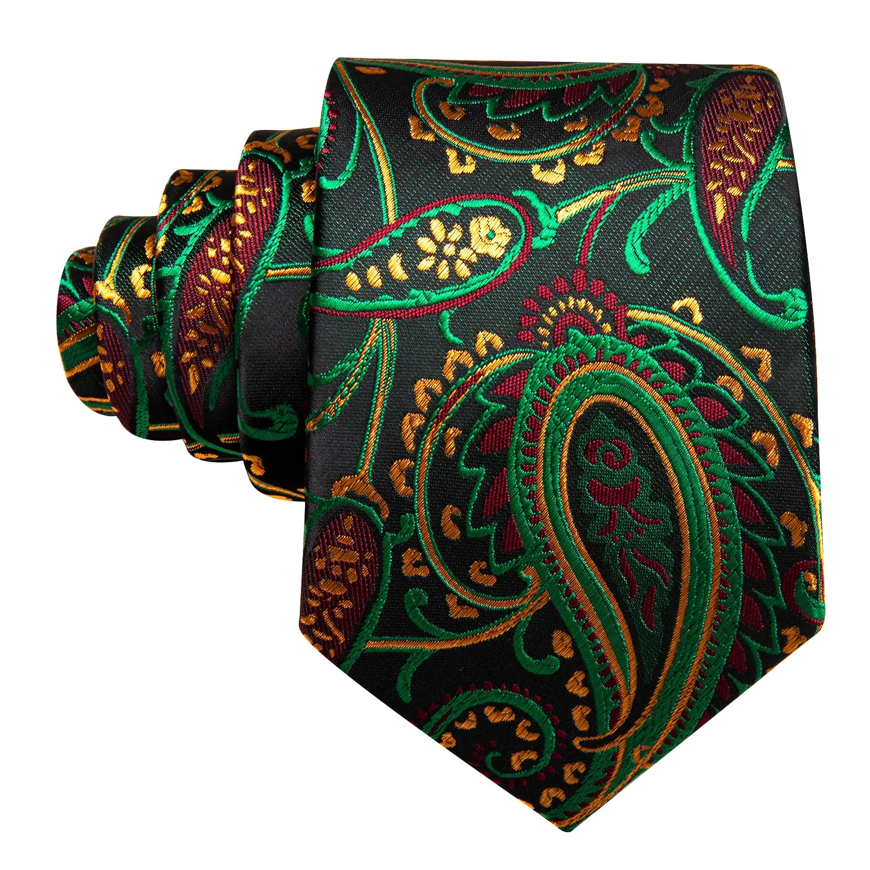 Barry Wang Black TIe Green Yellow Paisley Silk Tie Handkerchief Cufflinks Set sold by Barrywang product image thumbnail 3