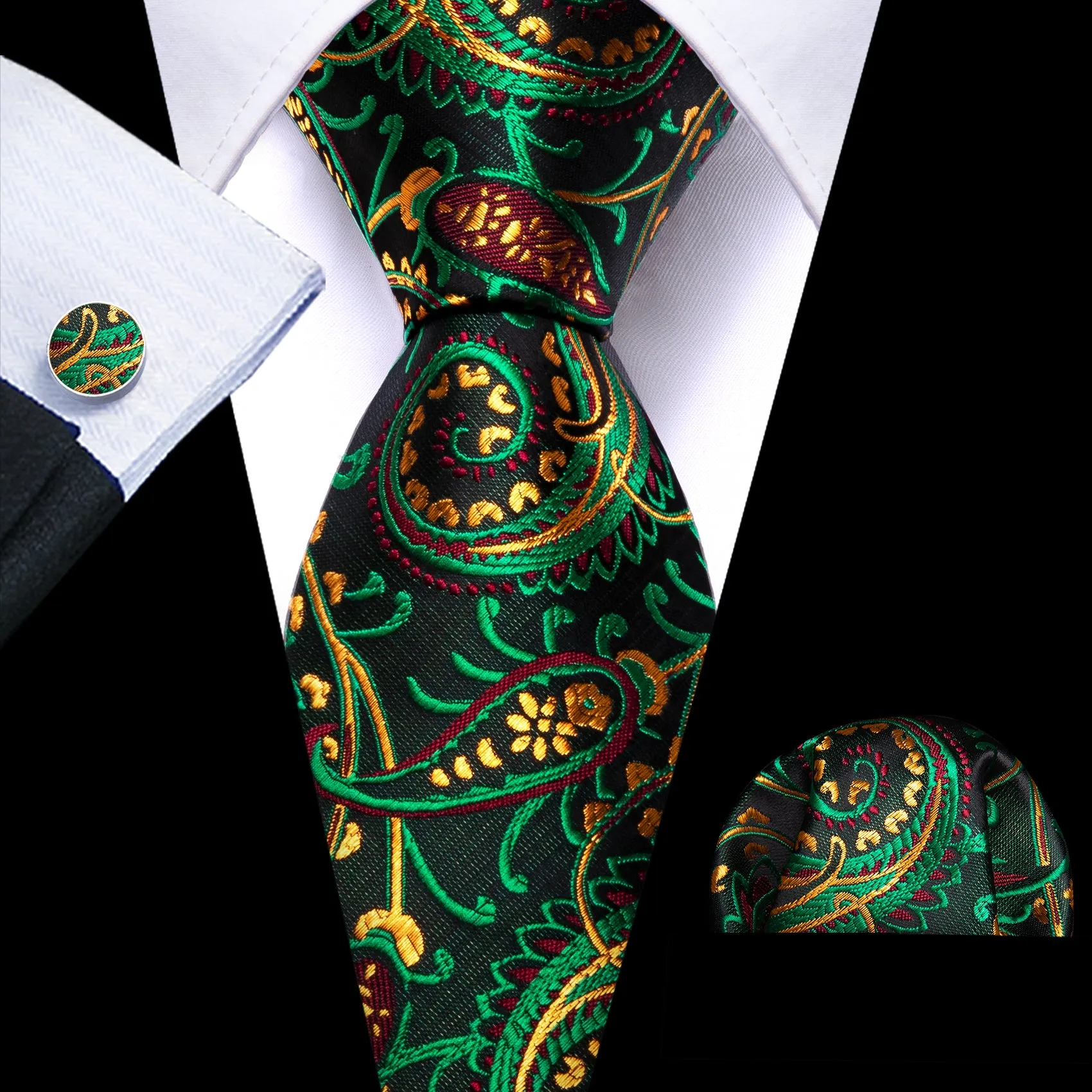 Barry Wang Black TIe Green Yellow Paisley Silk Tie Handkerchief Cufflinks Set sold by Barrywang