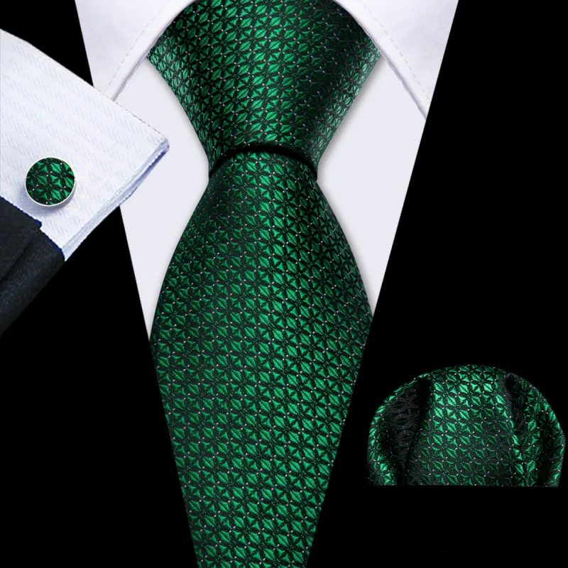 Barry Wang Novetly Green Plaid Silk Tie Handkerchief Cufflinks Set sold by Barrywang