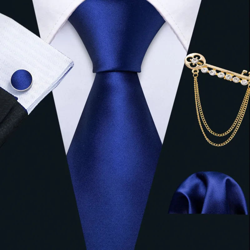 Barry. Wang Blue Tie Sapphire Solid Men's Silk Tie Set with Lapel Pin Brooch sold by Barrywang