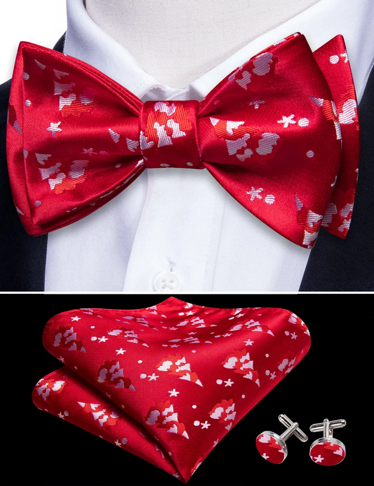 Christmas Red White Xmas Tree Self Tied Bow Tie Hanky Cufflinks Set sold by Barrywang product image thumbnail 3