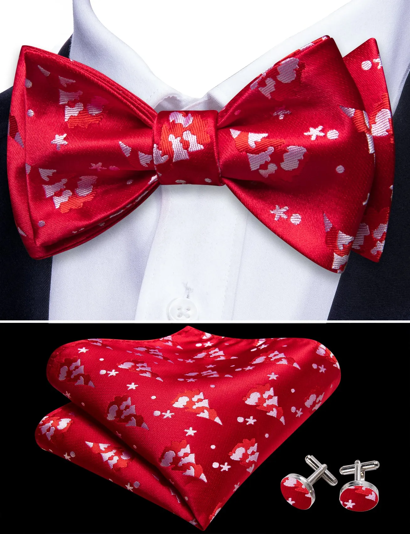Christmas Red White Xmas Tree Self Tied Bow Tie Hanky Cufflinks Set sold by Barrywang product image thumbnail 4