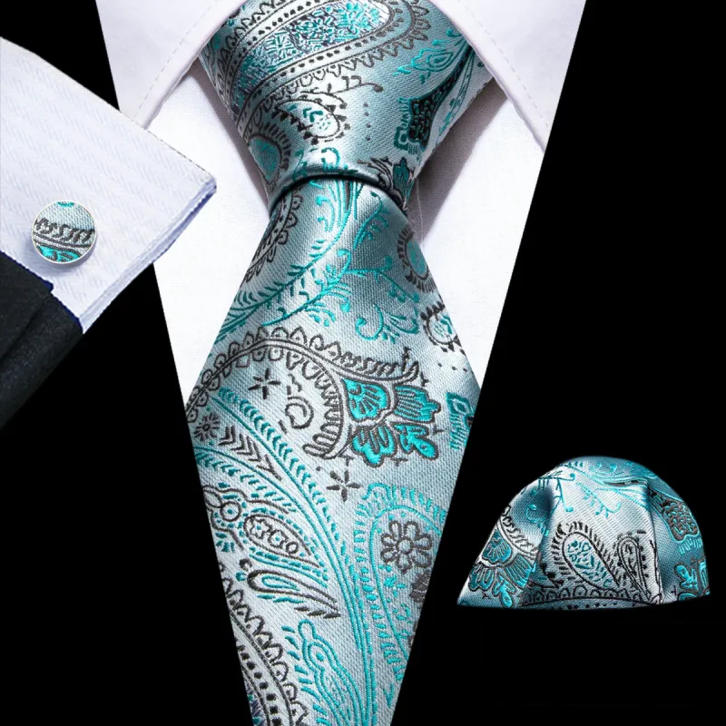 Barry Wang Light Teal Ties Paisley Silk Tie Handkerchief Cufflinks Set sold by Barrywang