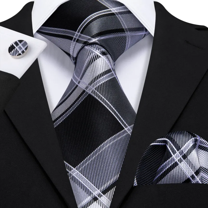 Barry Wang Men's Black Grey Plaid Silk Tie Handkerchief Cufflinks Set sold by Barrywang