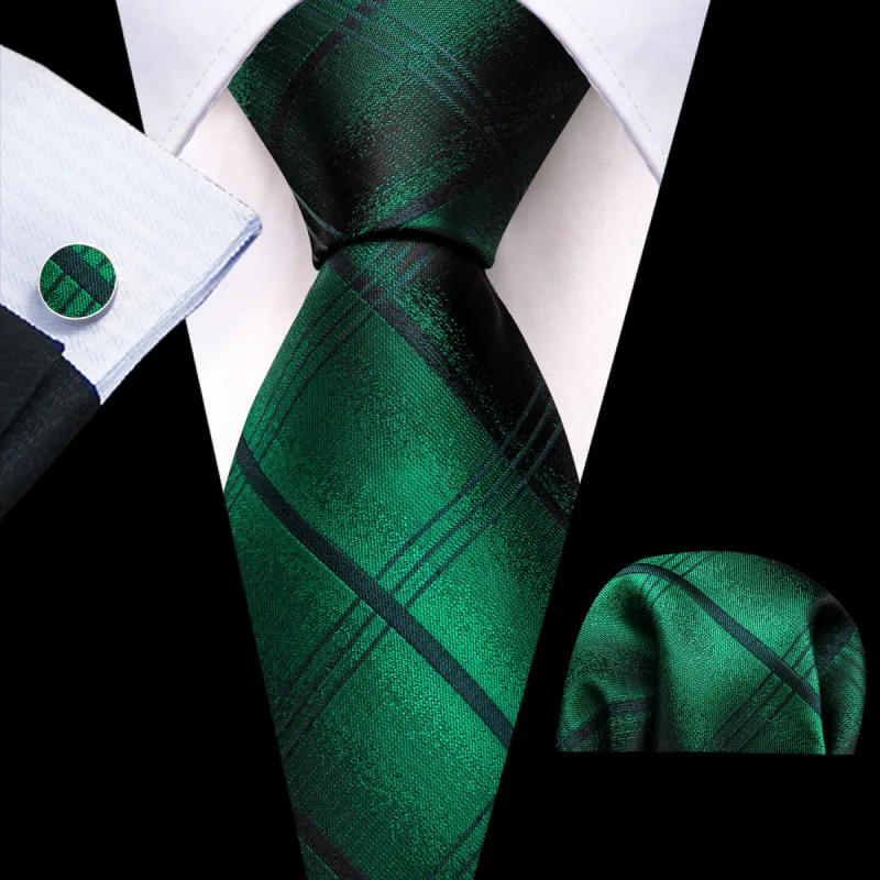 Barry Wang Emerald Green Plaid Men's Business Tie Hanky Cufflinks Set sold by Barrywang