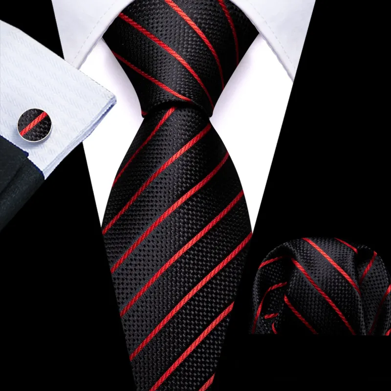 Barry. Wang Black Tie Red Lines Striped Necktie Men's Tie Set sold by Barrywang