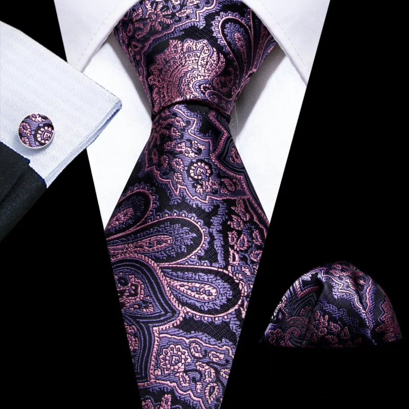 Barry Wang Lavender Purple Pink Paisley Tie Handkerchief Cufflinks Set sold by Barrywang