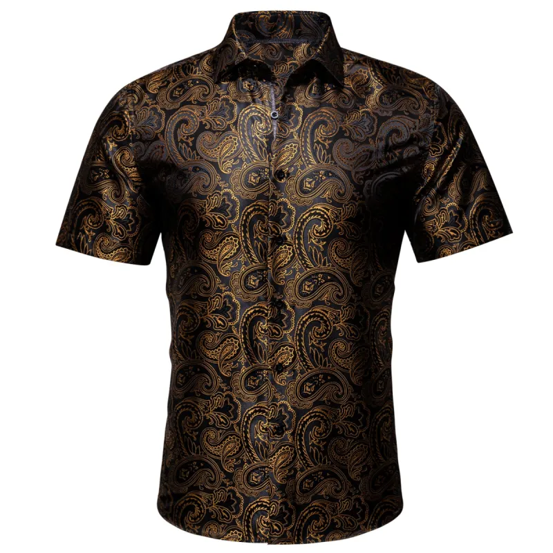 Barry. Wang Men's Shirt Black Golden Silk Paisley Short Sleeve Shirt sold by Barrywang