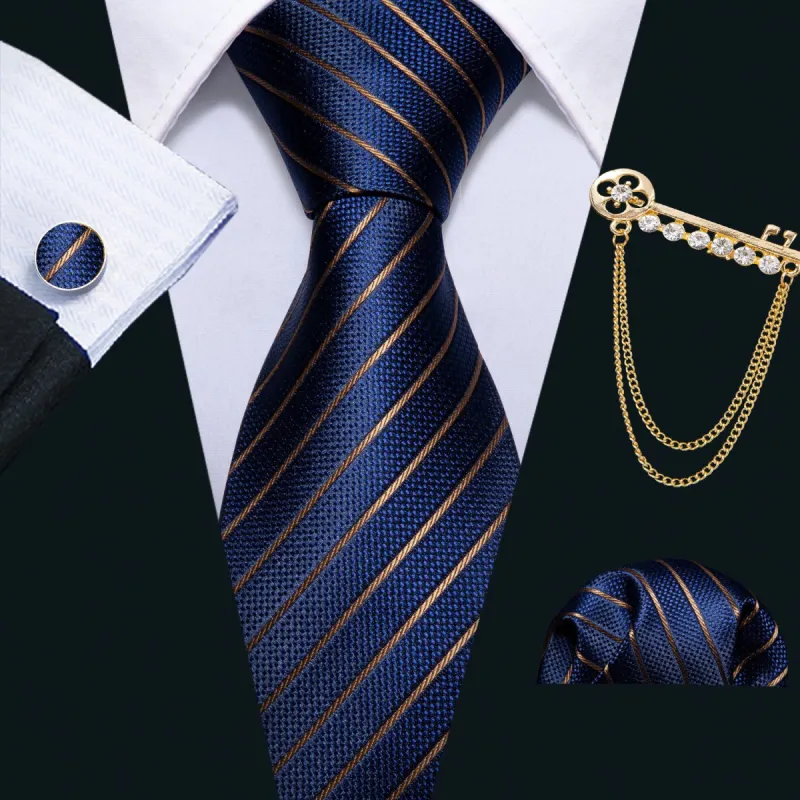 Barry Wang Blue Tie Golden Striped Men's Tie Set with Lapel Pin Brooch sold by Barrywang