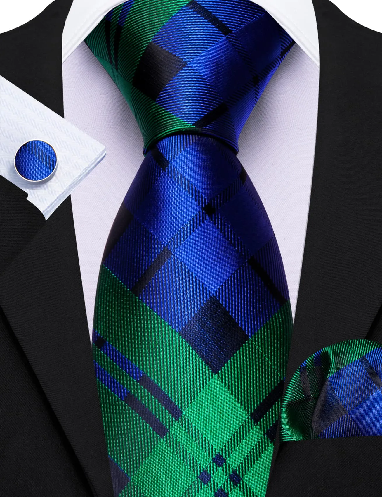 Barry Wang Men's Checkered Necktie Green Blue Tie Hanky Cufflinks Set sold by Barrywang product image thumbnail 2