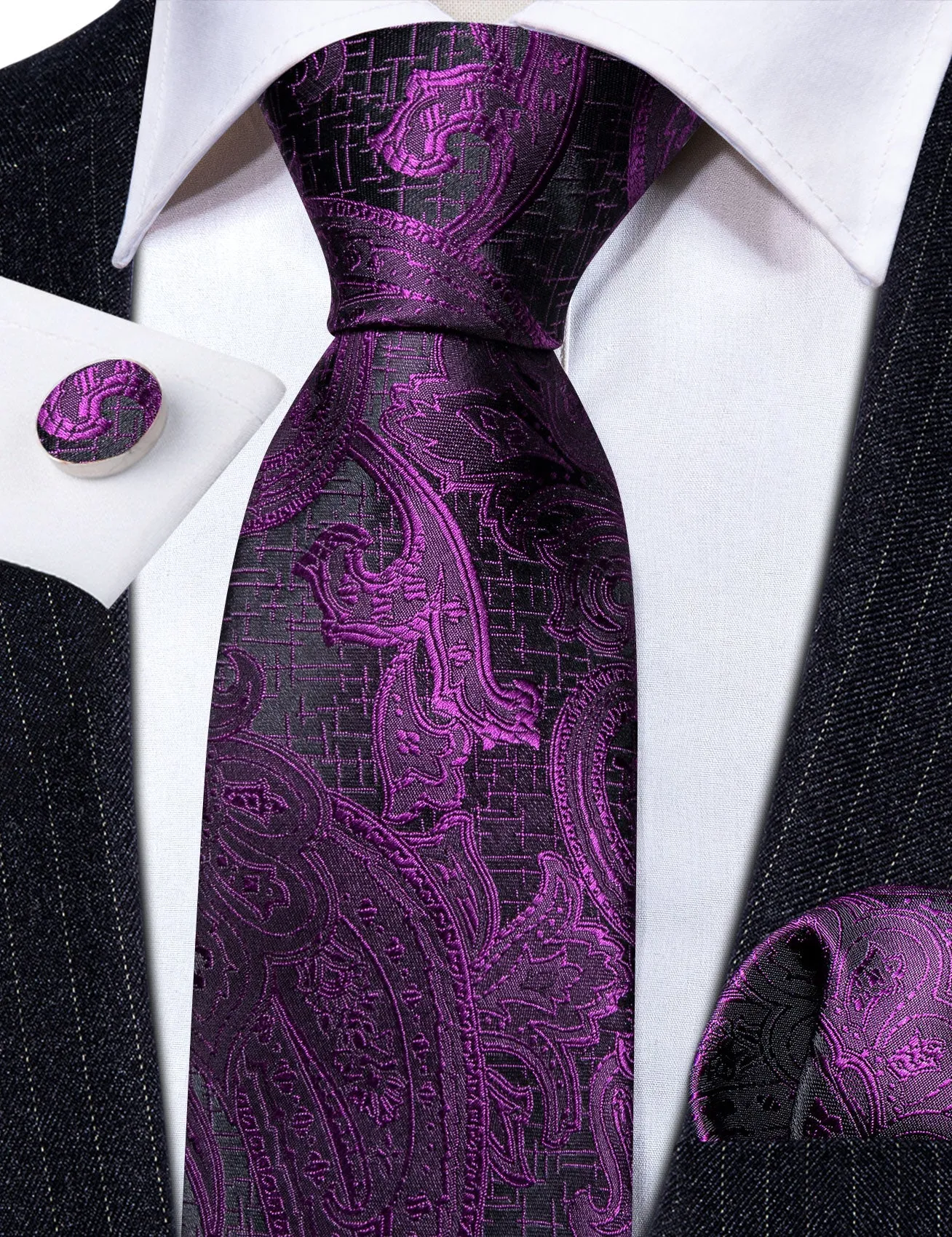 Barry Wang Purple Mens Ties Black Paisley Silk Wedding Necktie Set sold by Barrywang product image thumbnail 5