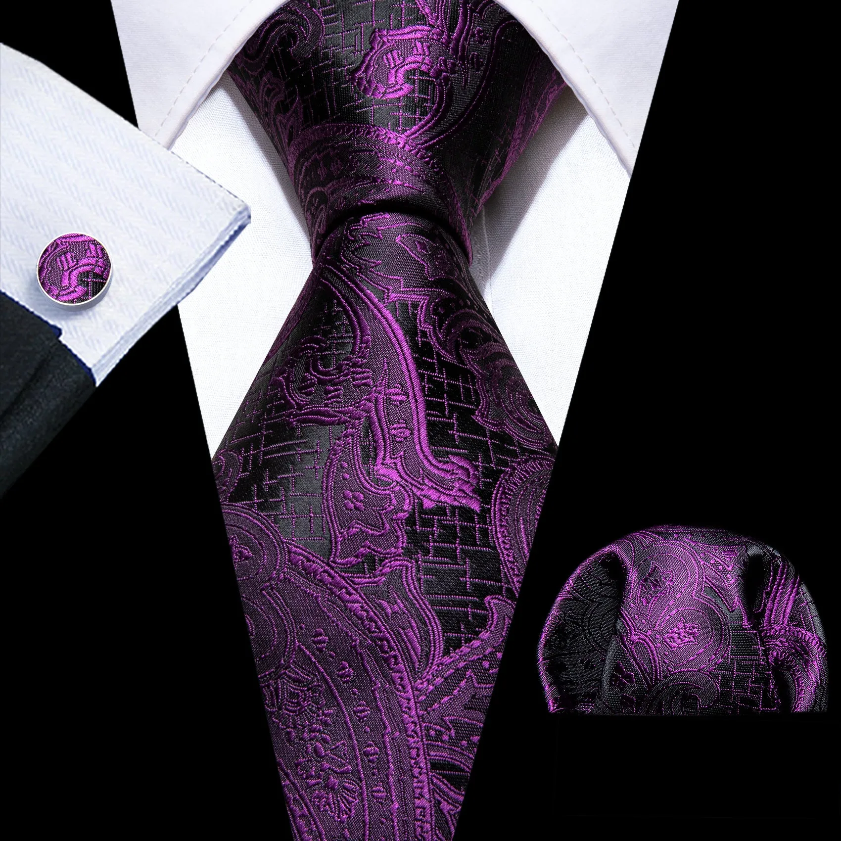 Barry Wang Purple Mens Ties Black Paisley Silk Wedding Necktie Set sold by Barrywang