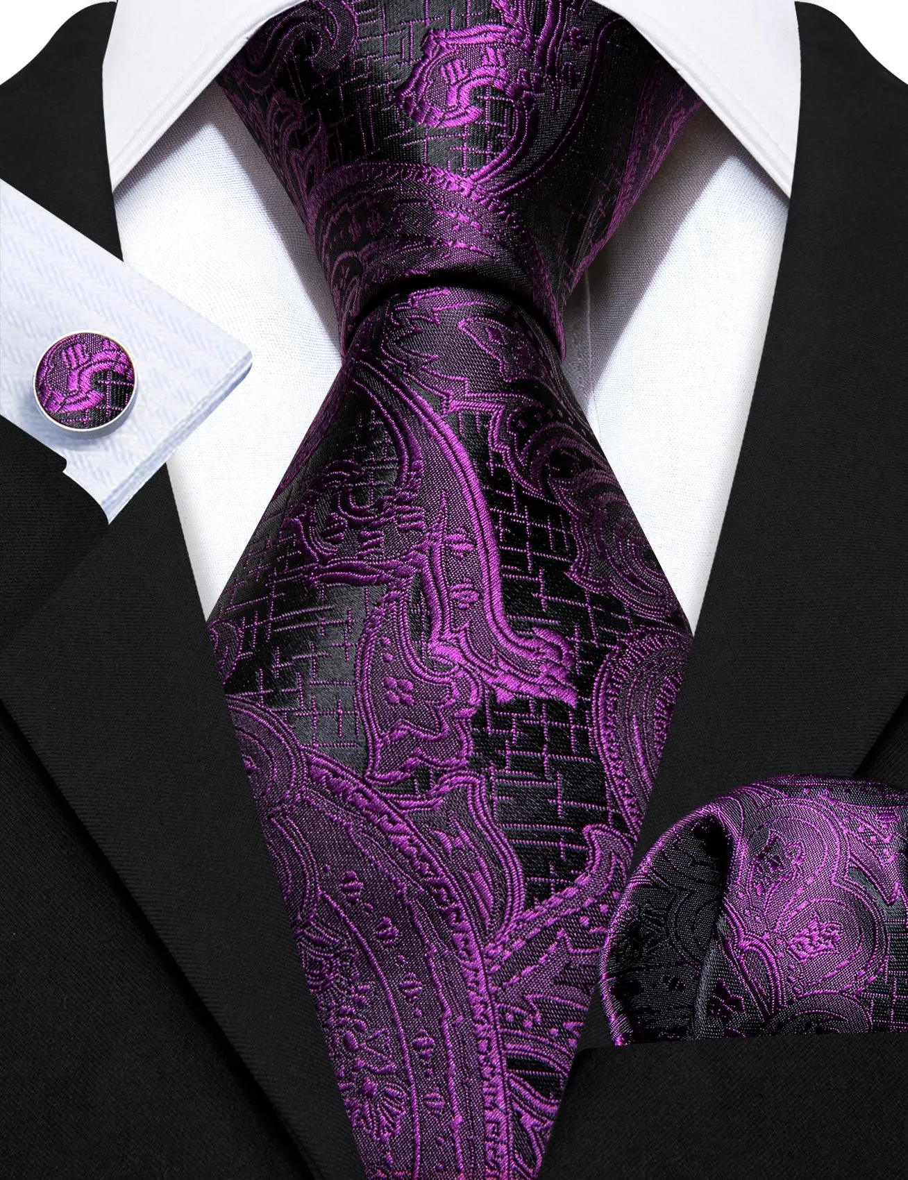 Barry Wang Purple Mens Ties Black Paisley Silk Wedding Necktie Set sold by Barrywang product image thumbnail 4