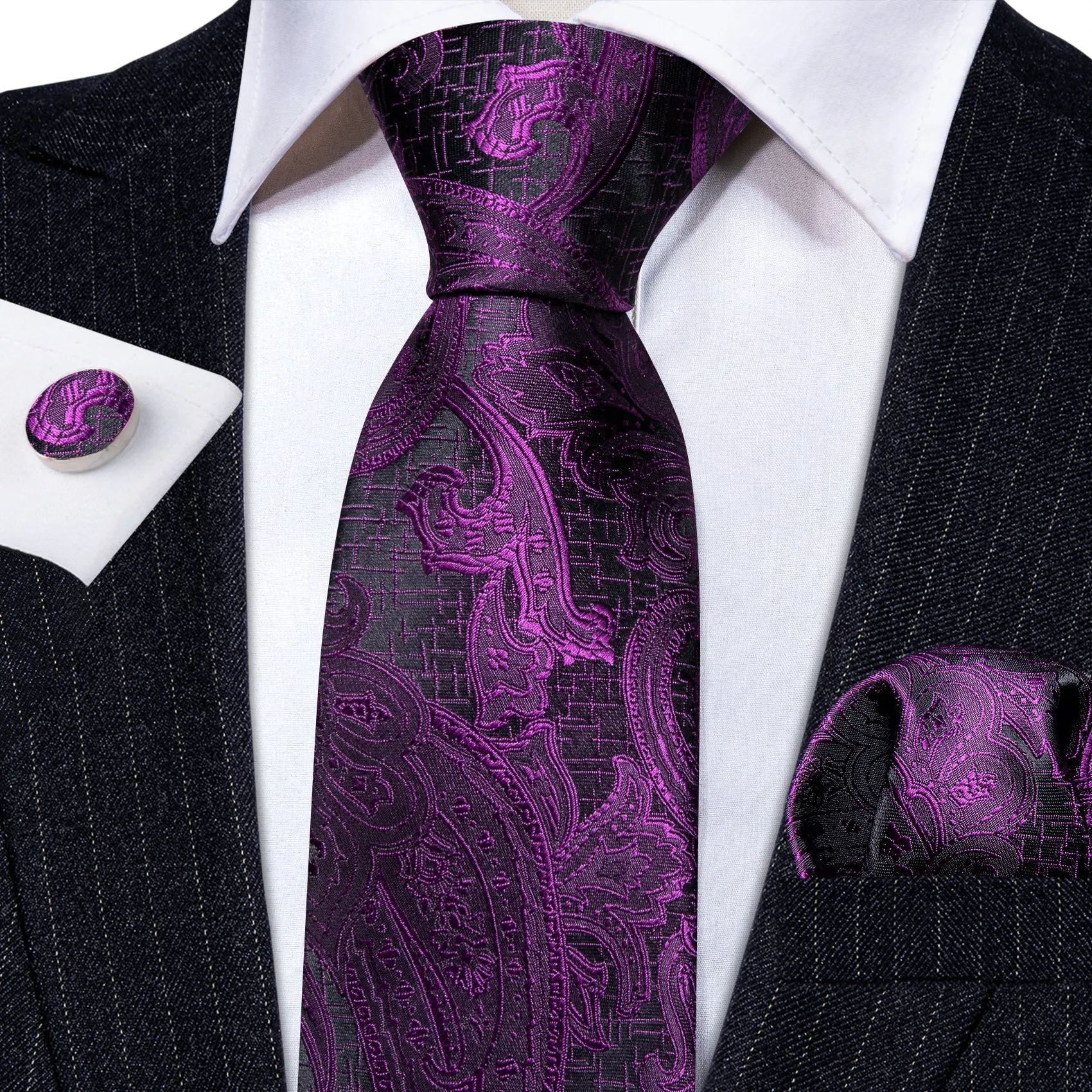 Barry Wang Purple Mens Ties Black Paisley Silk Wedding Necktie Set sold by Barrywang product image thumbnail 2
