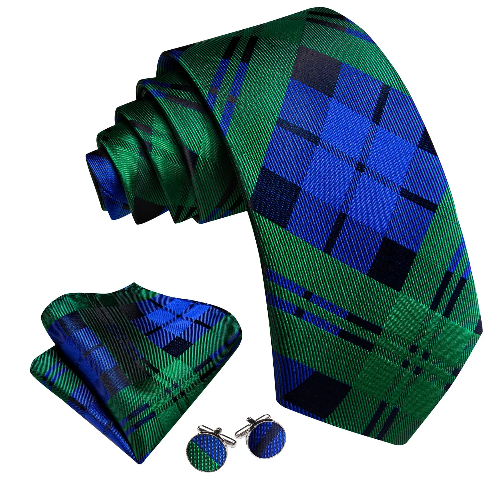 Barry Wang Men's Checkered Necktie Green Blue Tie Hanky Cufflinks Set sold by Barrywang product image thumbnail 3