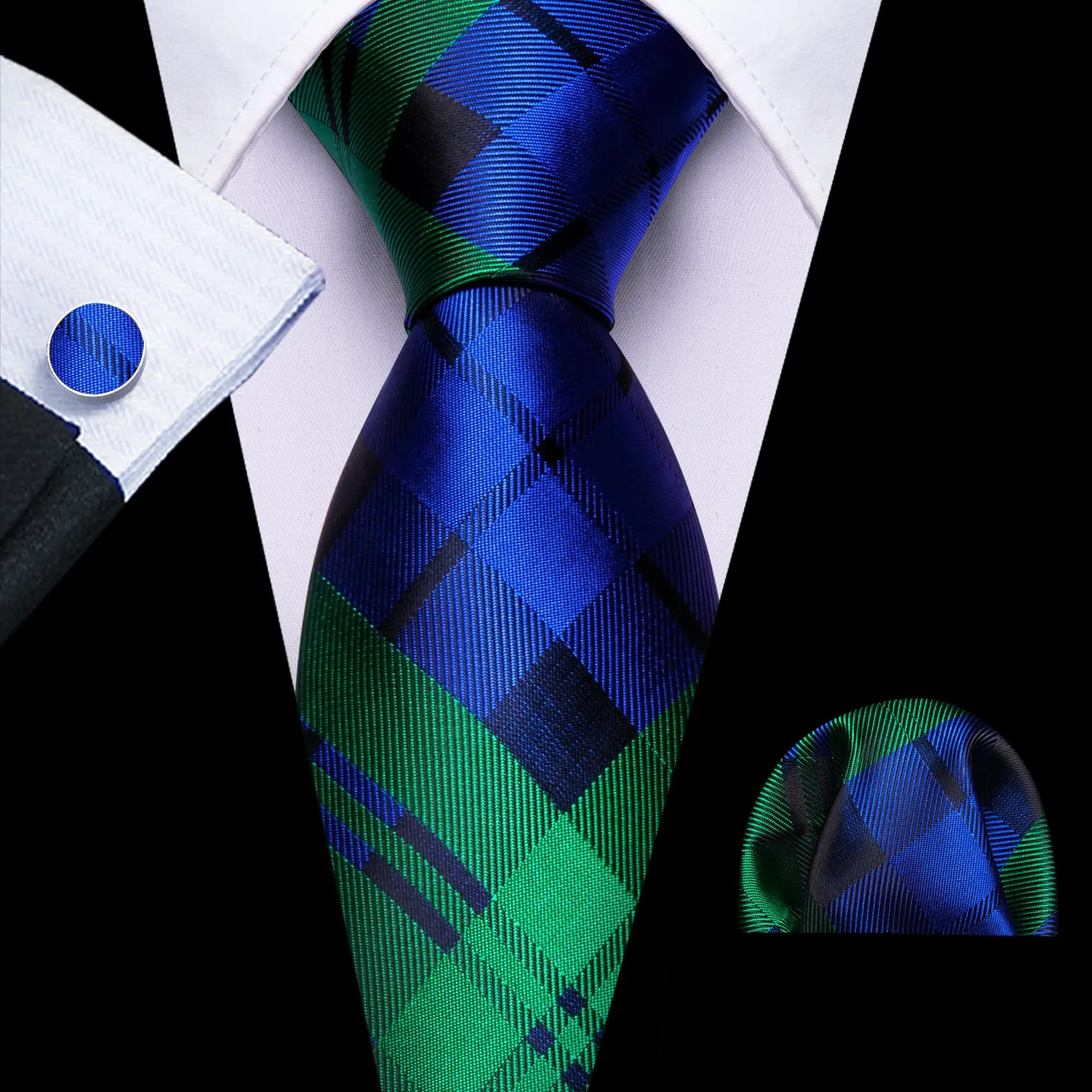 Barry Wang Men's Checkered Necktie Green Blue Tie Hanky Cufflinks Set sold by Barrywang