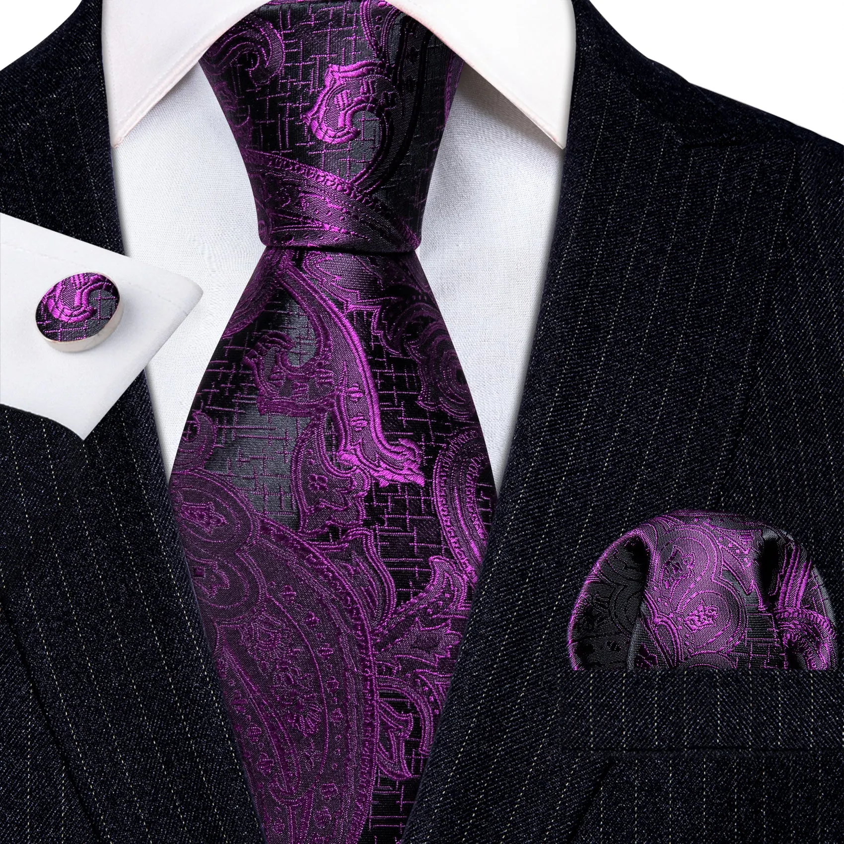 Barry Wang Purple Mens Ties Black Paisley Silk Wedding Necktie Set sold by Barrywang product image thumbnail 3