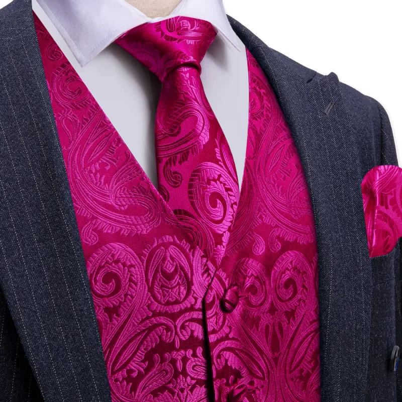 Barry Wang Deep Pink Floral Wedding Vest V-Neck Silk Suit Waistcoat sold by Barrywang