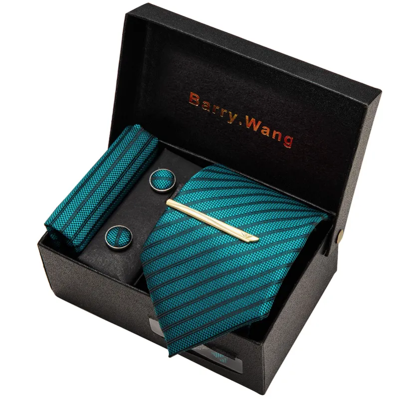 Barry. Wang Teal Black Striped Necktie Pocket Square Cufflink Clip Gift Box Set sold by Barrywang
