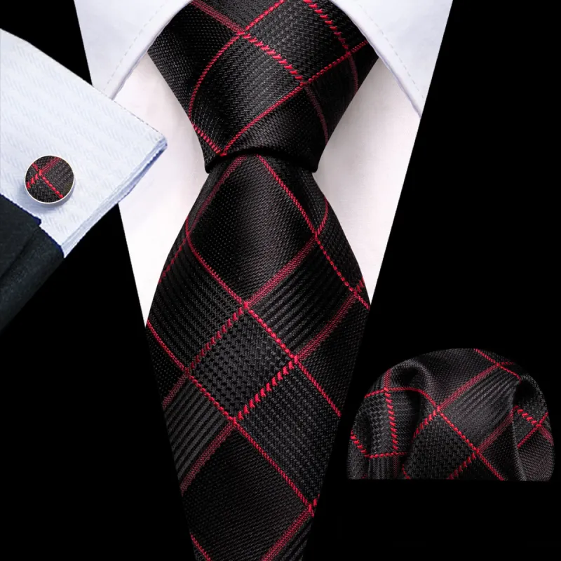 Barry. Wang Black Plaid Tie with Red Stripes Men's Business Set made by Barrywang