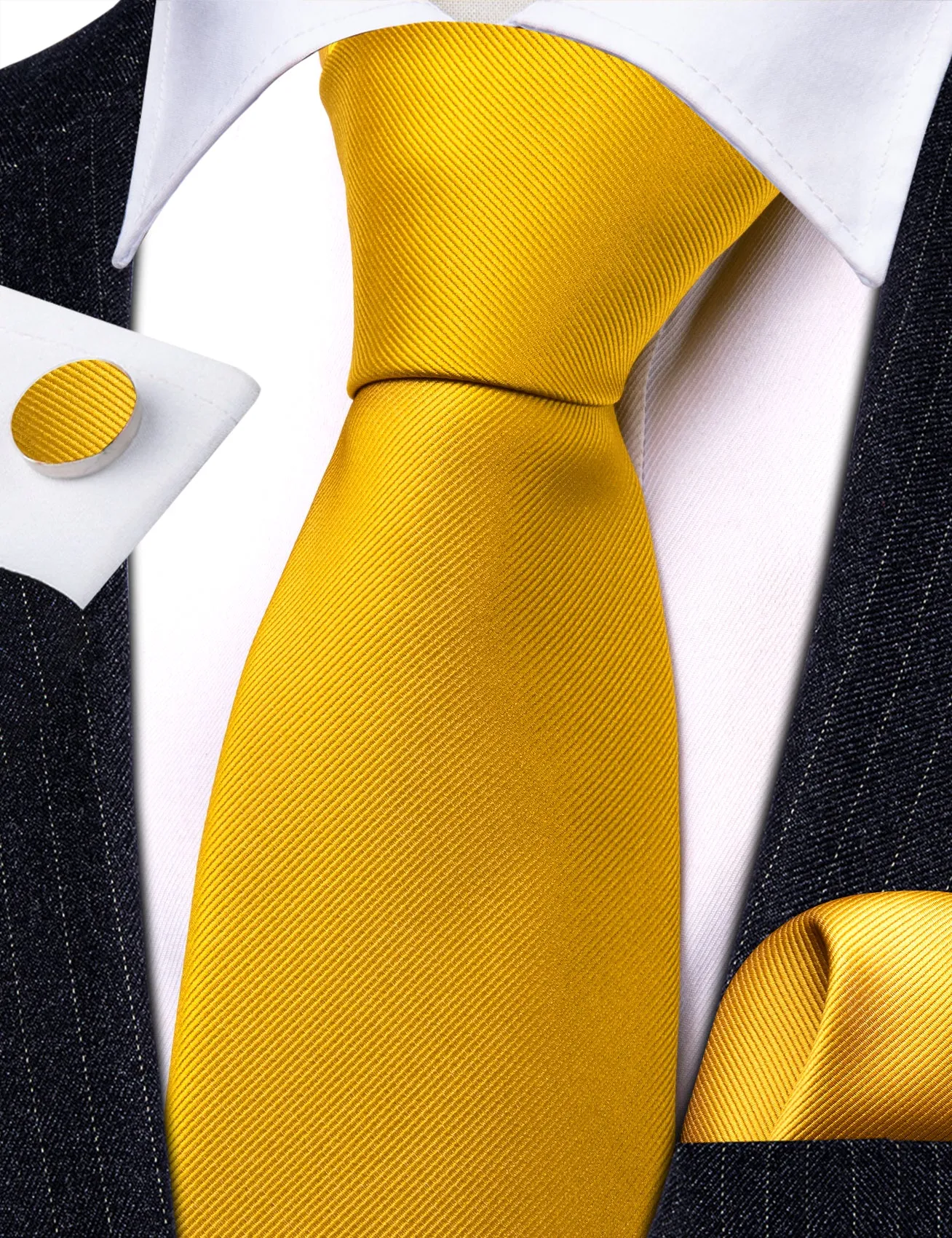 Barry Wang Gold Yellow Solid Silk Mens Tie Pocket Square Cufflinks Set sold by Barrywang product image thumbnail 5