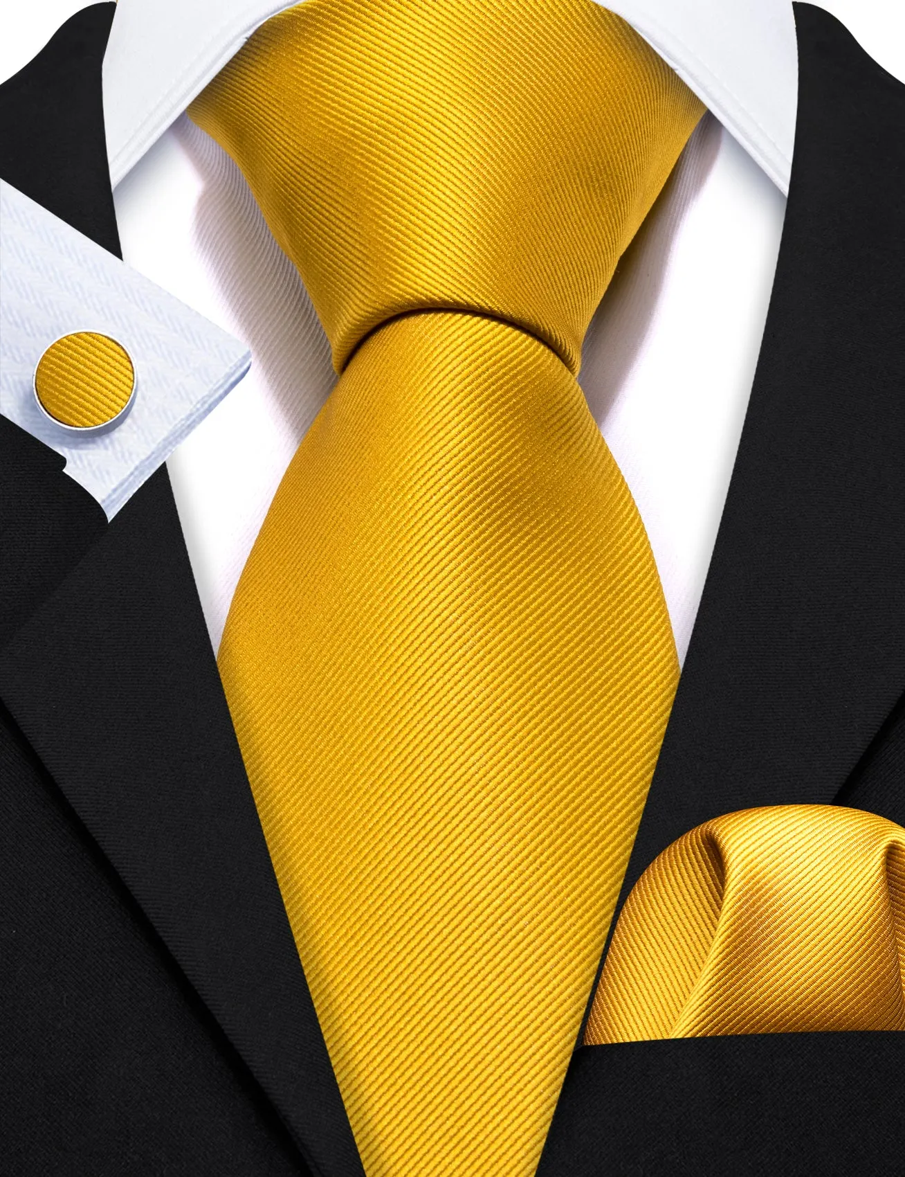 Barry Wang Gold Yellow Solid Silk Mens Tie Pocket Square Cufflinks Set sold by Barrywang product image thumbnail 4