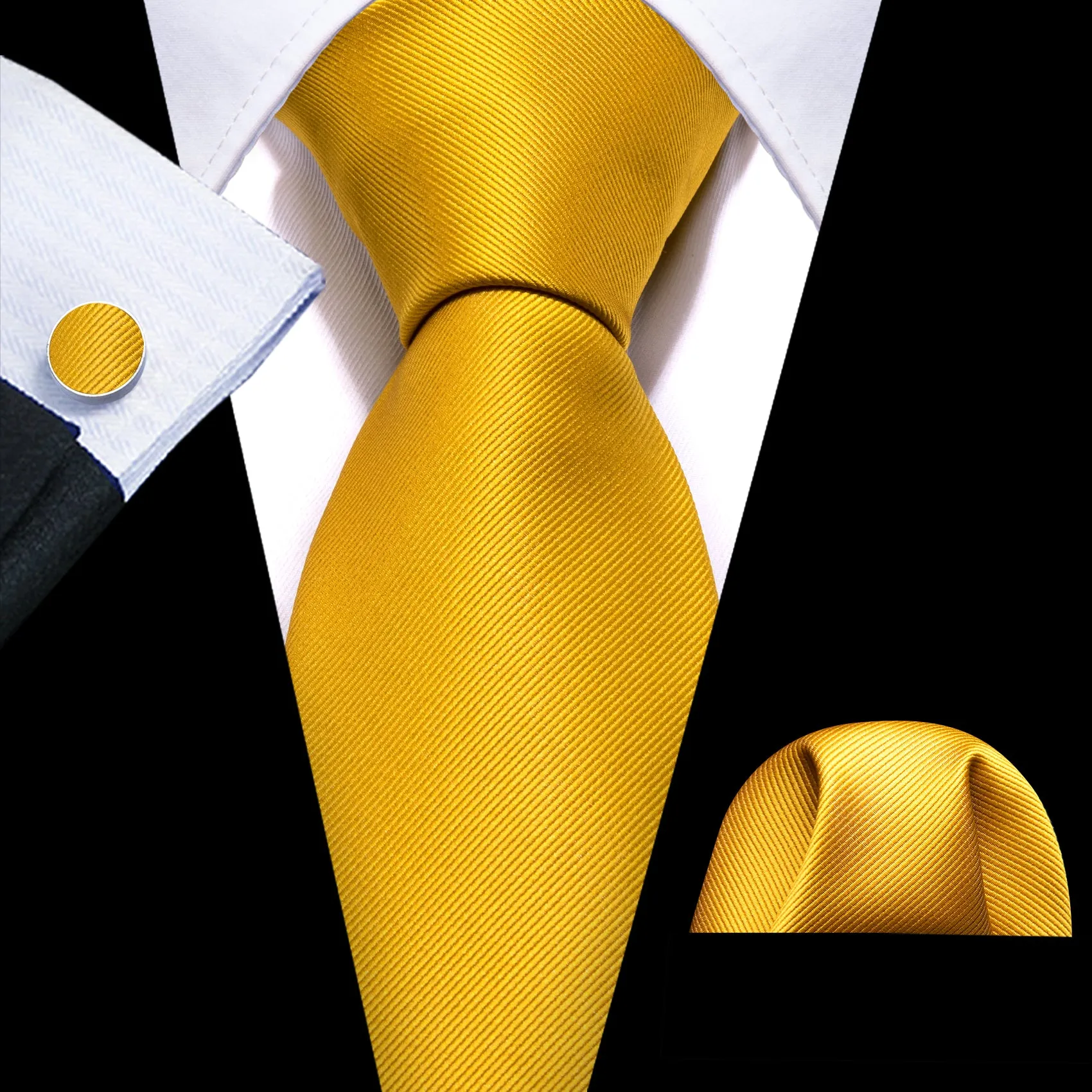 Barry Wang Gold Yellow Solid Silk Mens Tie Pocket Square Cufflinks Set sold by Barrywang