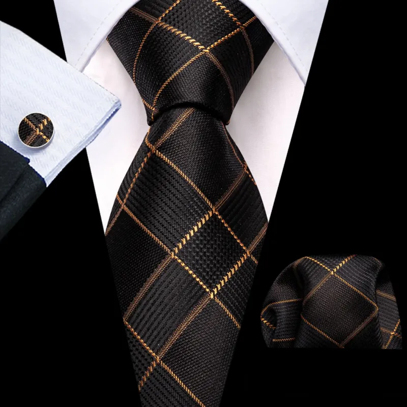 Barry. Wang Black Plaid Tie with Golden Stripes Men's Business Set sold by Barrywang