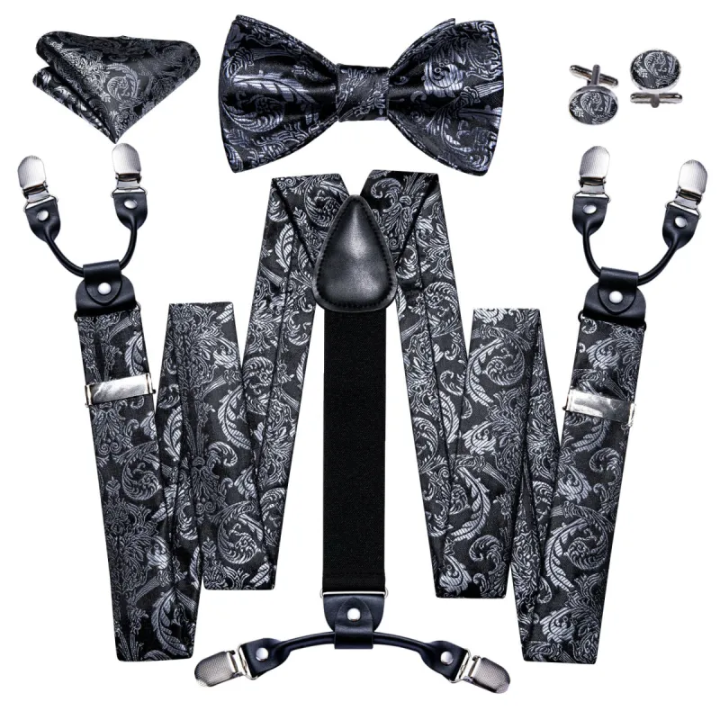 Barry Wang Black White Paisley Y Back Adjustable Suspender Bow Tie Set sold by Barrywang