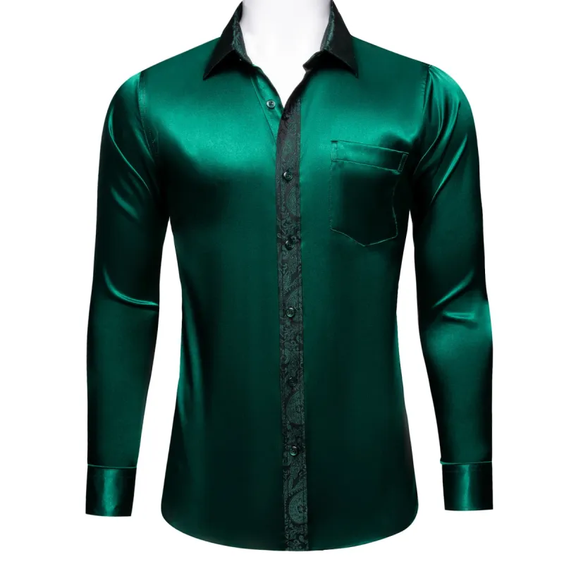 Barry Wang Dark Green Shirt with Paisley Collar Button Up Satin Shirt sold by Barrywang