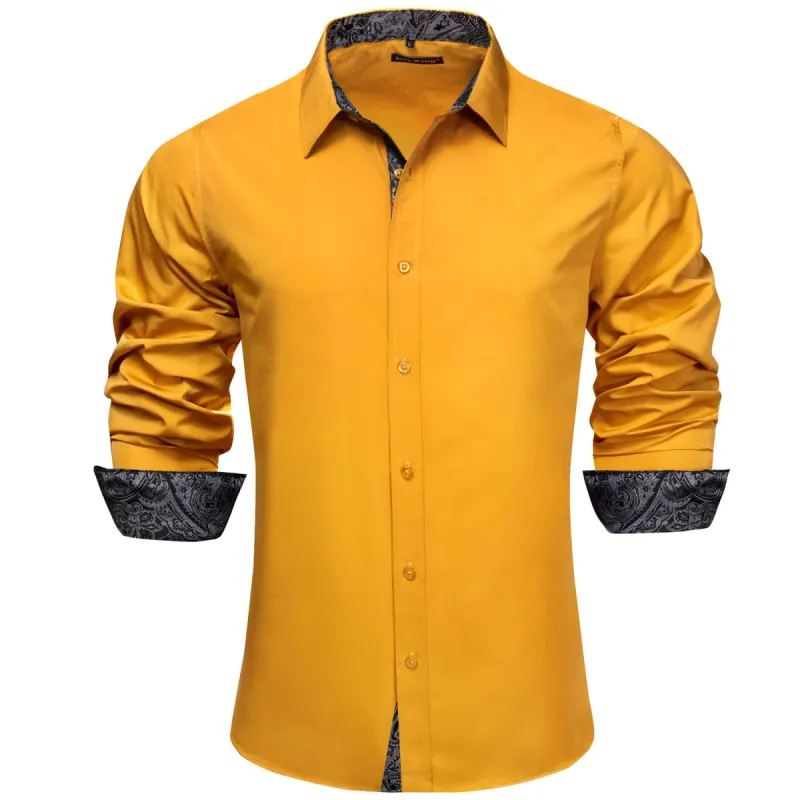 Barry Wang Gold Long Sleeve Grey Cuff Patchwork Shirt Yellow Men Top sold by Barrywang
