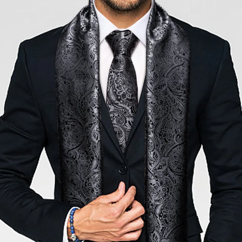 Barry Wang Luxury Black Silver Floral Scarf with Tie sold by Barrywang