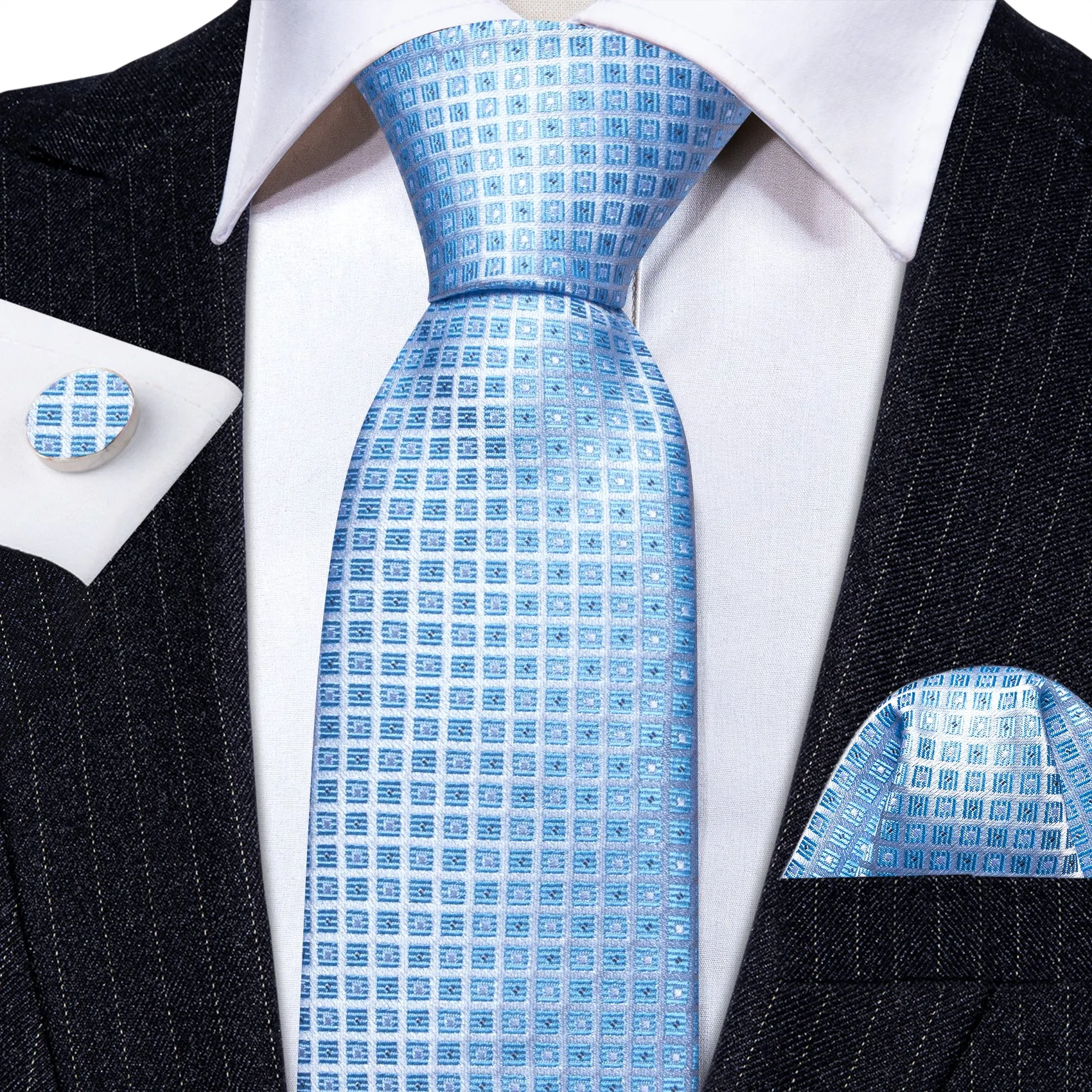 Barry Wang Light Blue Lattice Silk Wedding Tie Hanky Cufflinks Set sold by Barrywang product image thumbnail 3