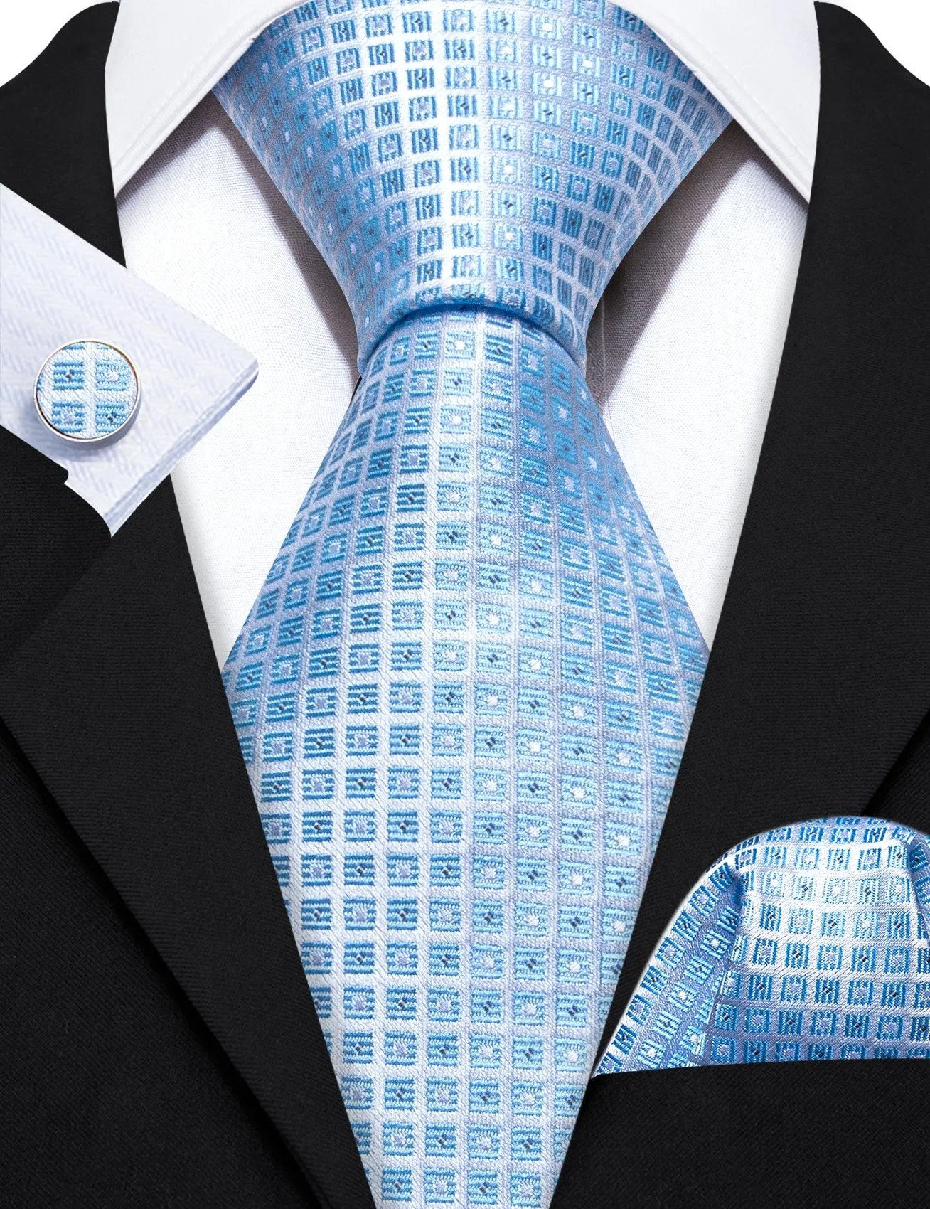 Barry Wang Light Blue Lattice Silk Wedding Tie Hanky Cufflinks Set sold by Barrywang product image thumbnail 4