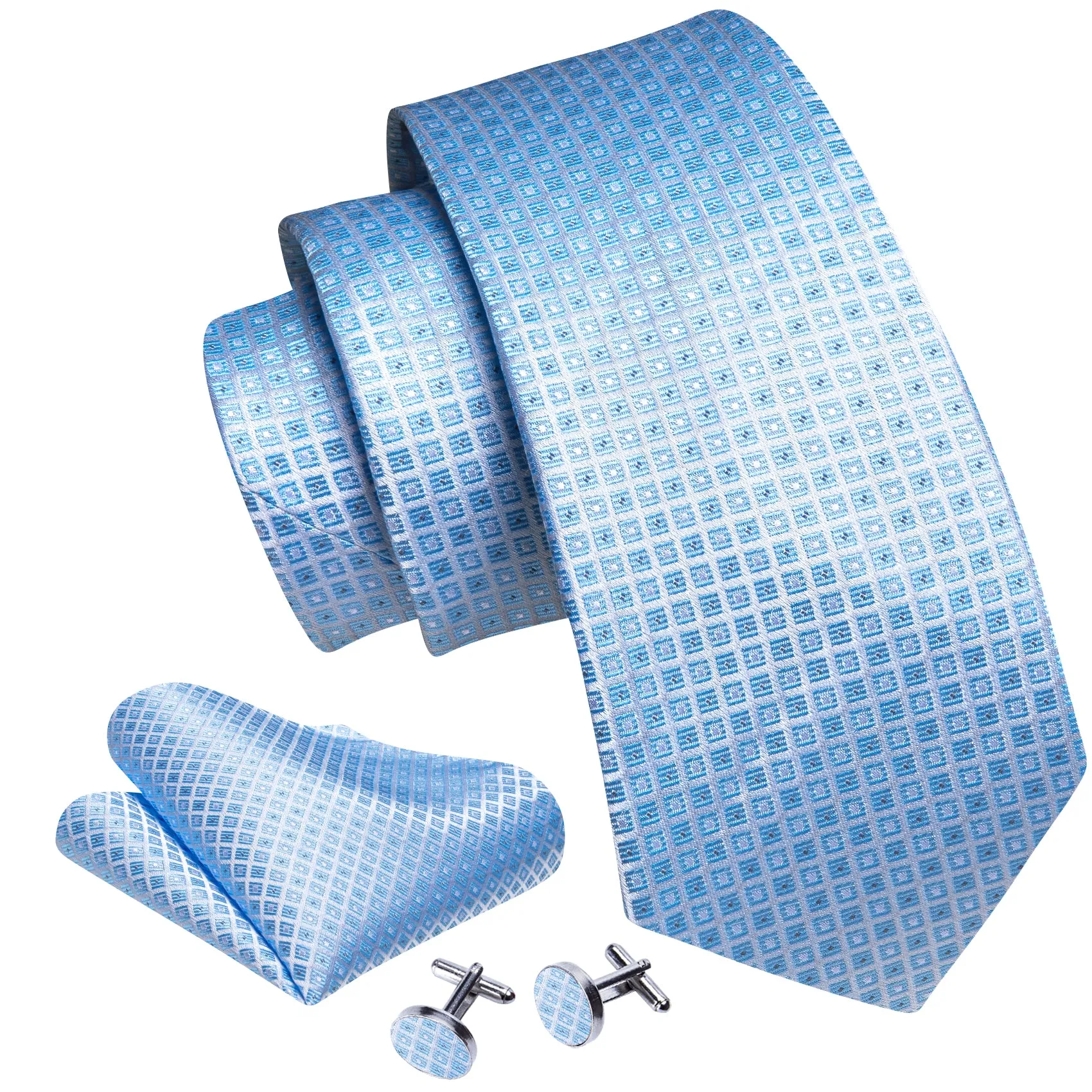 Barry Wang Light Blue Lattice Silk Wedding Tie Hanky Cufflinks Set sold by Barrywang product image thumbnail 2