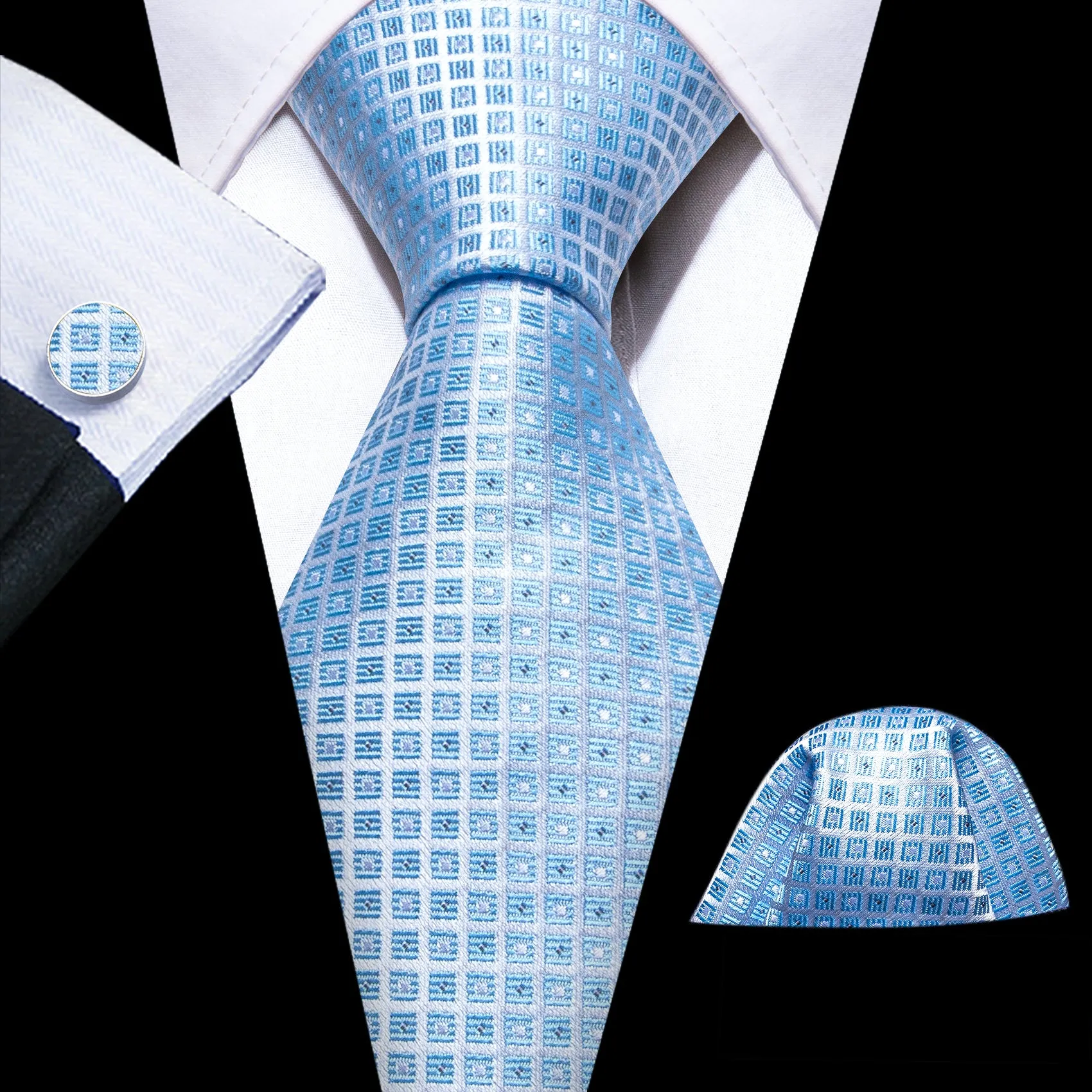 Barry Wang Light Blue Lattice Silk Wedding Tie Hanky Cufflinks Set sold by Barrywang