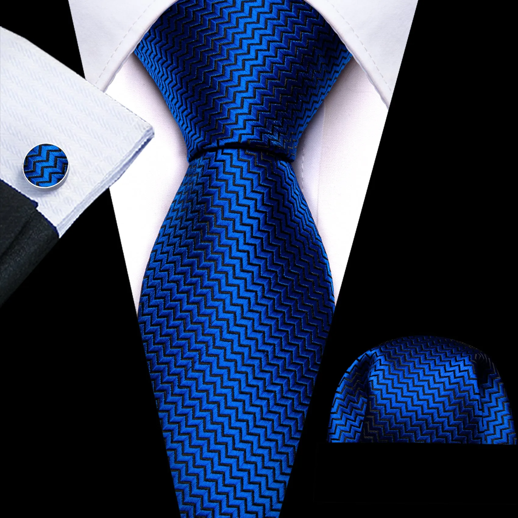 Barry Wang Extra Long Tie Cobalt Blue Silk Tie Pocket Square Cufflinks Set 63 Inches sold by Barrywang