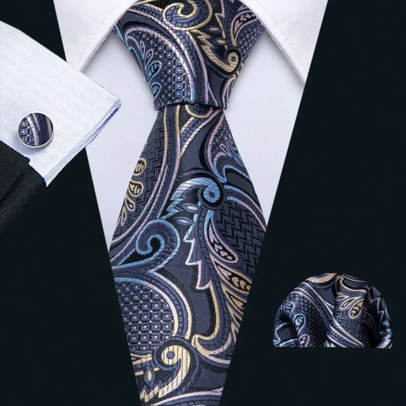 Barry Wang Grey Paisley Silk Men's Tie Pocket Square Cufflinks Set sold by Barrywang