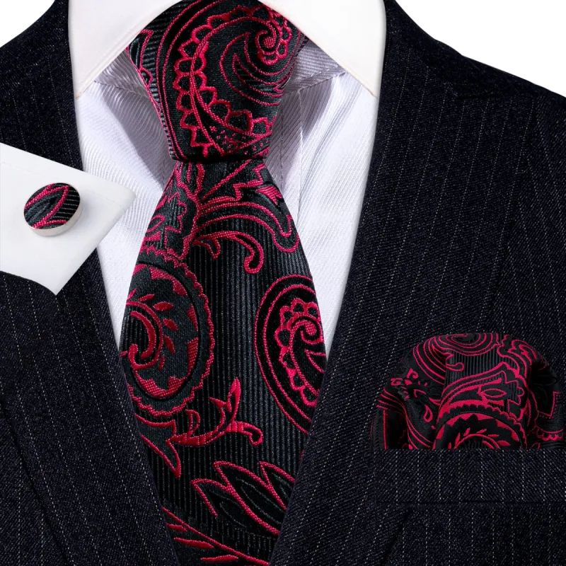 Barry Wang Red Tie Black Paisley Silk Tie Handkerchief Cufflinks Set sold by Barrywang