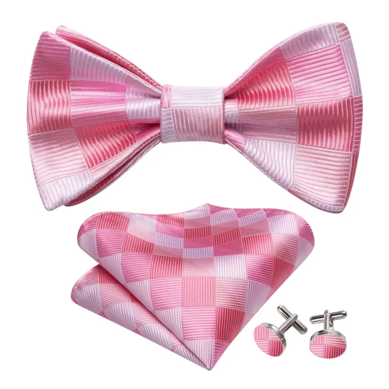 Pink Plaid Silk Bow Tie Hanky Cufflinks Set sold by Barrywang