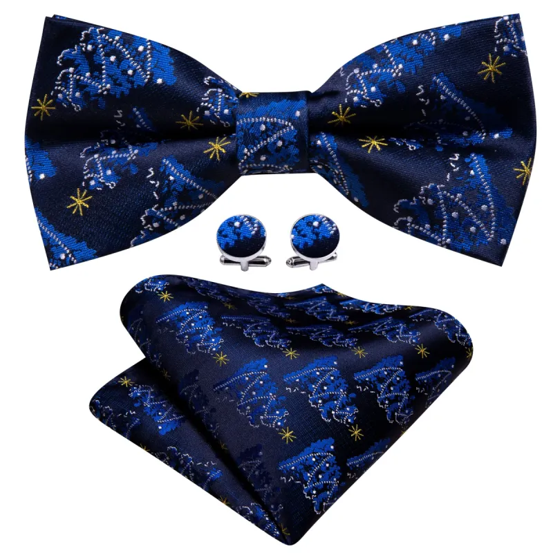 Barry Wang Christmas Blue White Xmas Tree Pre Tied Bow Tie Hanky Cufflinks Set sold by Barrywang