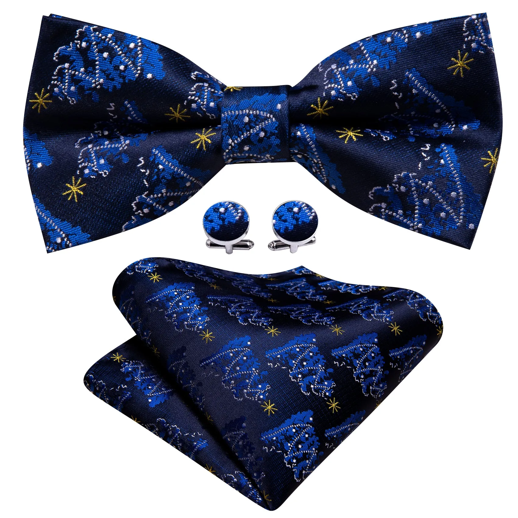 Barry Wang Christmas Blue White Xmas Tree Pre Tied Bow Tie Hanky Cufflinks Set sold by Barrywang