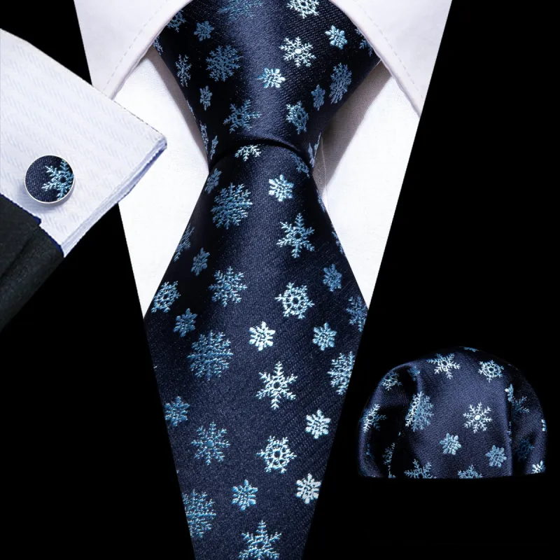 Barry Wang Christmas Blue White Snowflake Silk Tie Hanky Cufflinks Set sold by Barrywang